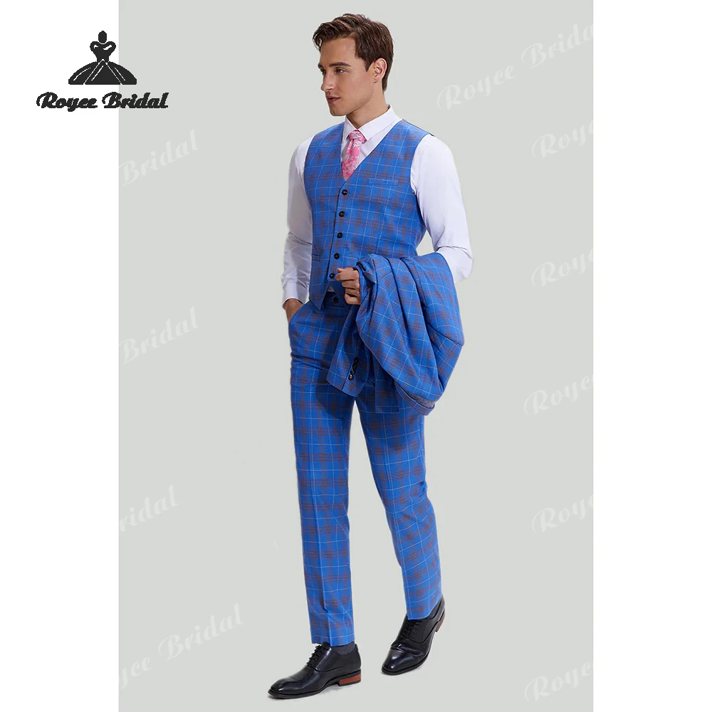 Three Piece Blue Plaid Men's Wedding Suit 2026 Peak Lapel Double Breasted Evening Business Prom Suit costume homme mariage