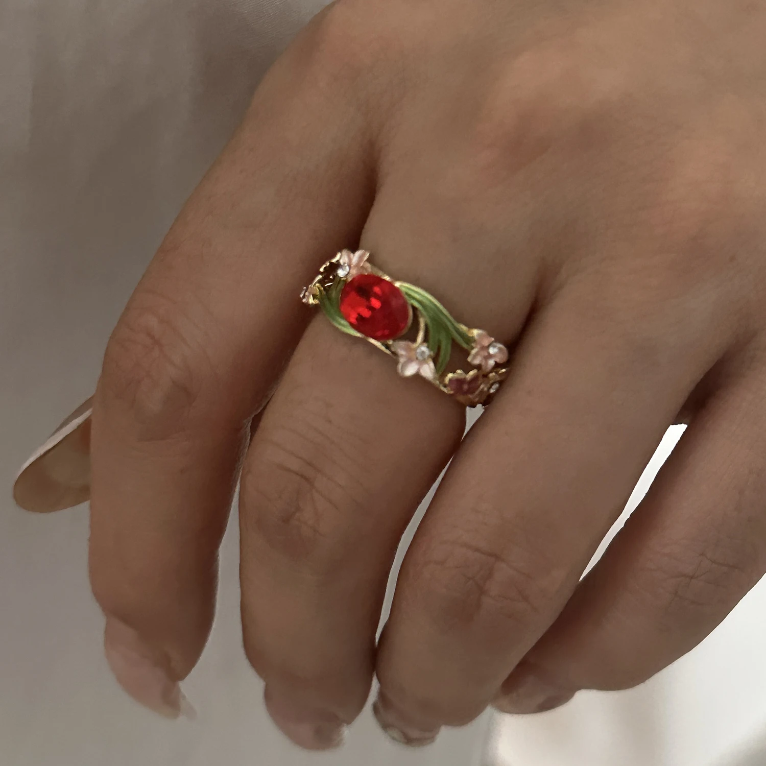 Vintage Bunter Blumen-Emaille Offener Ring für Frauen Kreativer Roter Strass Fingerring Exquisiter Charm Party-Schmuck Geschenke – Detail 3