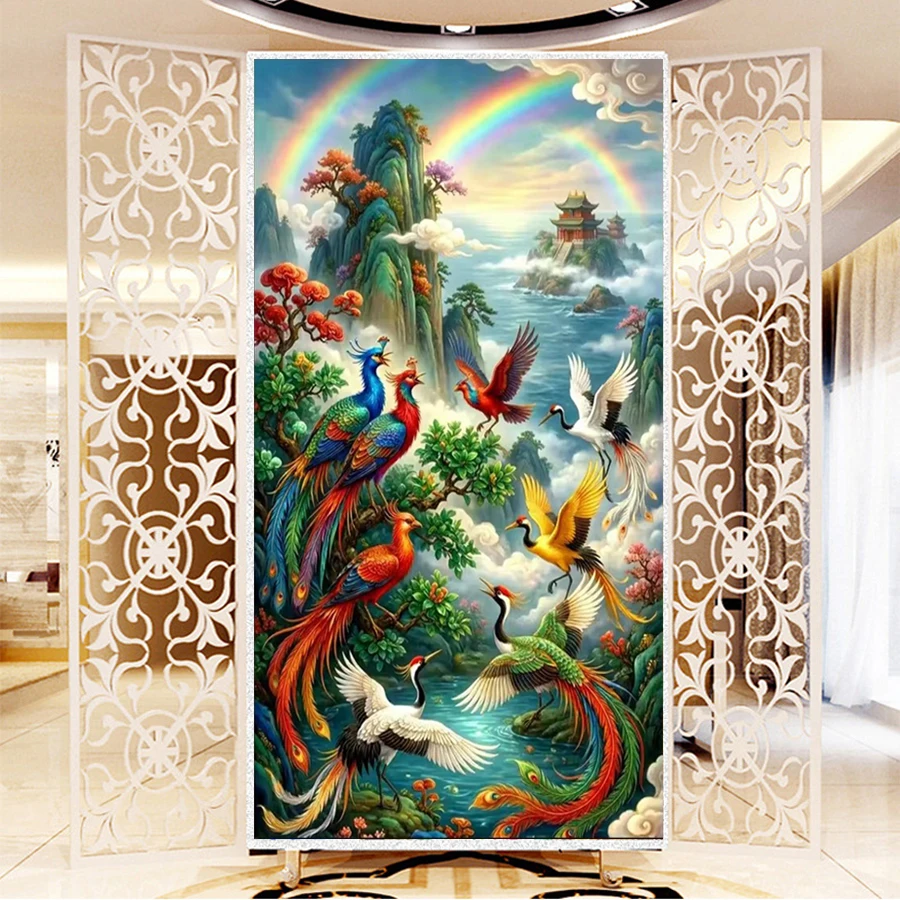 Phoenix, Red crowned Crane DIY Diamond Painting Kit Rainbow Landscape Full Drill Diamond Embroidery Art,Mosaic Cross Stitch,Home