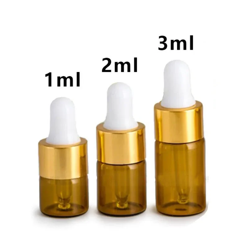 10Pcs 1/2/3 ml Amber Glass Essential oil Aromatherapy Dropper Bottles Gold Aluminum Cap Reagent Drop Eye Liquid Pipette Bottle