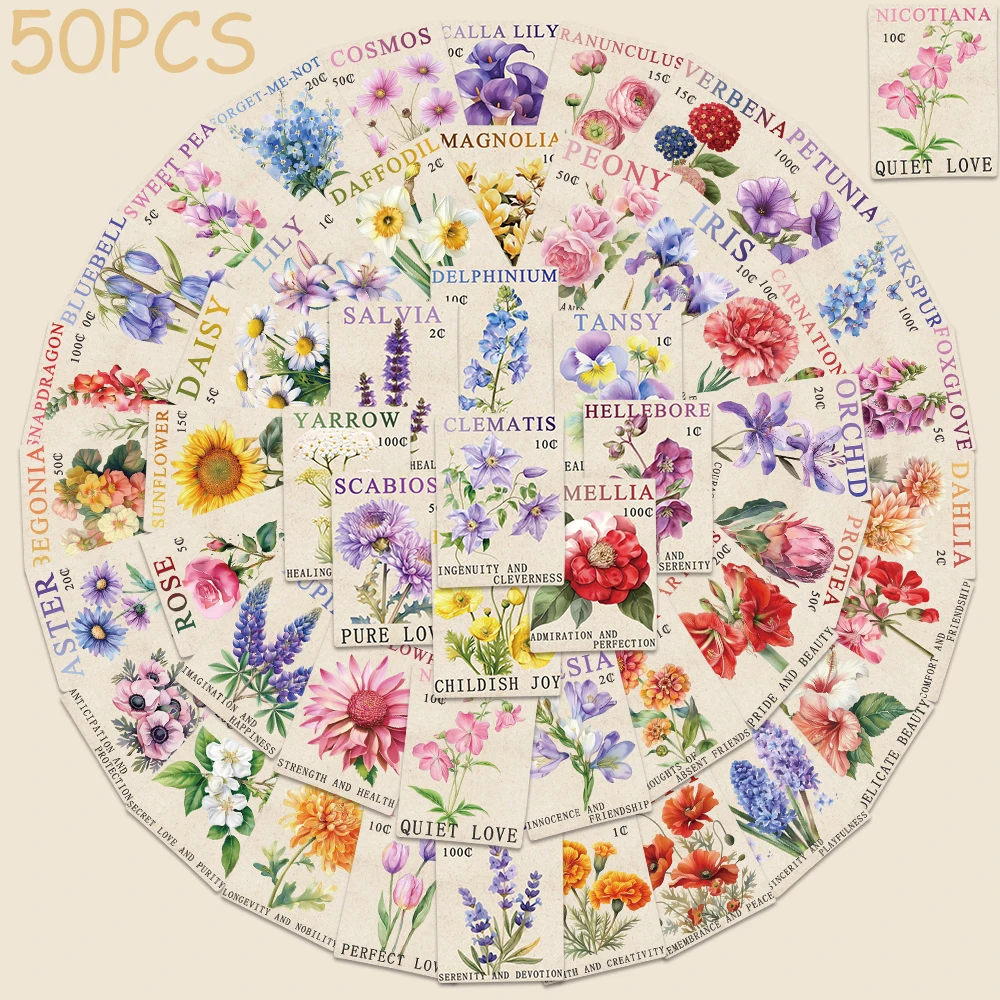 

50pcs Vintage Stamp Flower Stickers Decals For Phone Letter Scrapbook Skateboard Suitcase DIY Aesthetic Waterproof Stickers