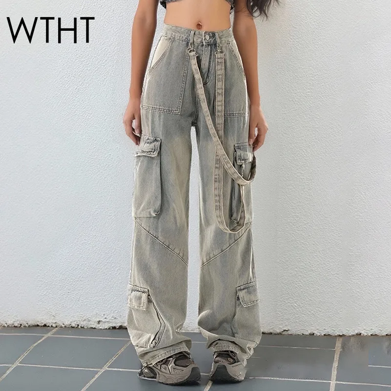 

WTHT Vintage Fashion Women's Multi Pockets Cargo Jeans 2025 Summer Trendy High Waist Loose Straight Denim Pants Female 1LS2188