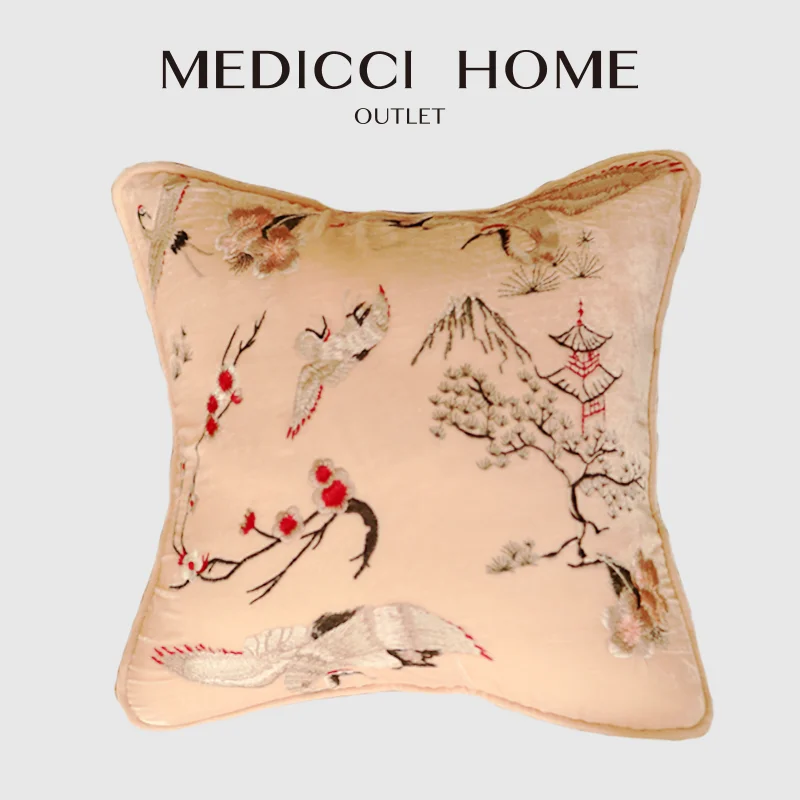 Medicci Home Antique Square Velvet Throw Pillow Cover Crane Pagoda Embroidered Living Room Cushion Case 36x36cm Retro Nude Pink