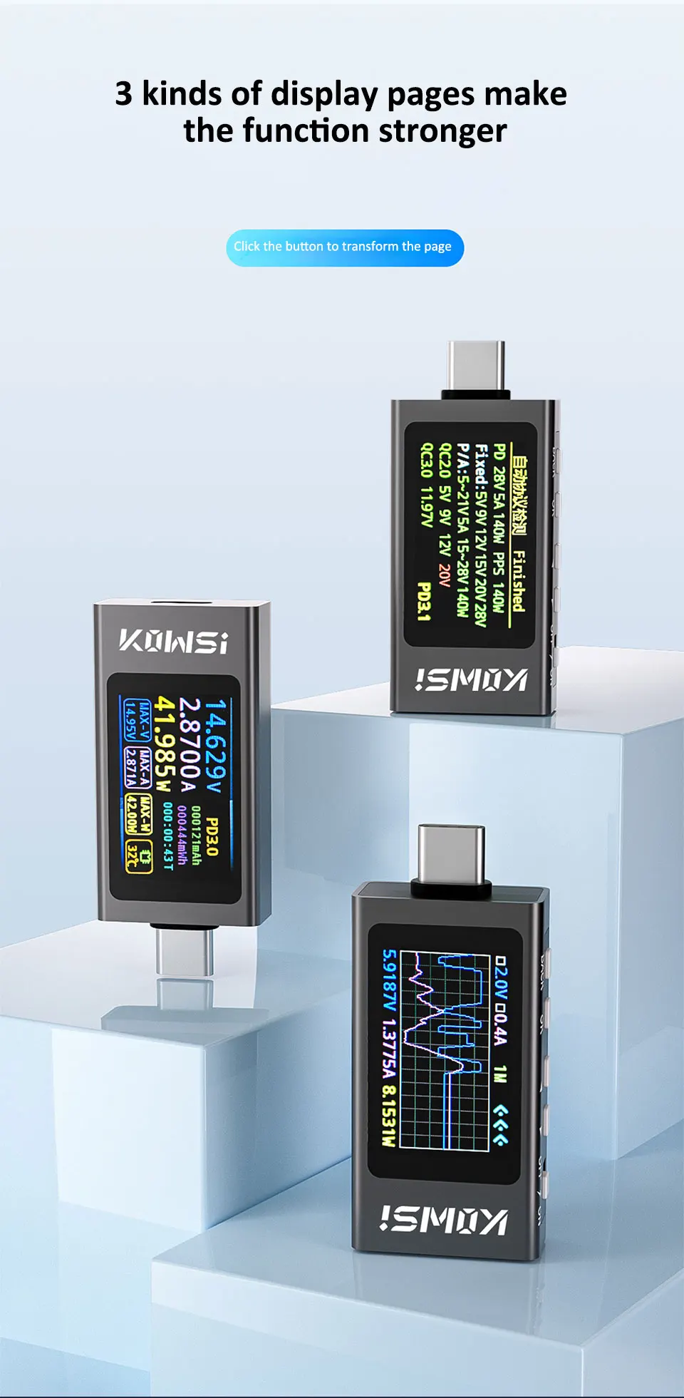 KWS-X1 4V-30V 12A Typ-C Tester Voltmeter Amperemeter TYPE-C Schnellladungserkennung Auslöser Kapazitätsmessung Rippelmessung – Detail 8