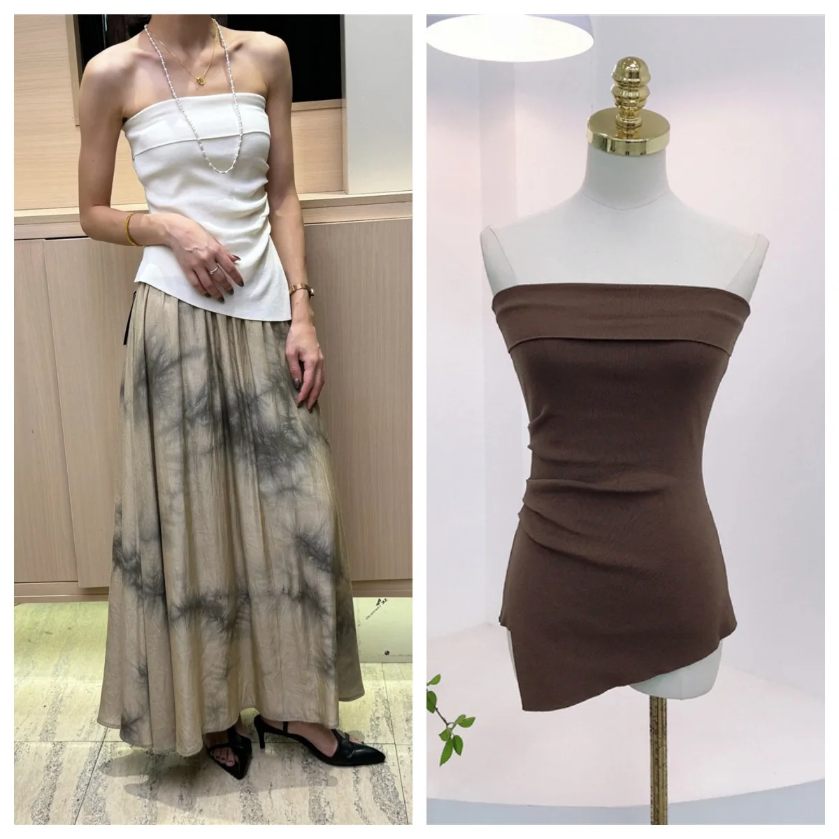2025 Summer Retro One-word Neck Halter Tube Top Pleated Irregular Top Women