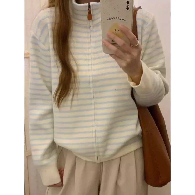 

Sweater Top Blue White Color Block Knitwear Casual Elegant Style Autumn Winter Women's Knitted Zipper Design Stripe Collar