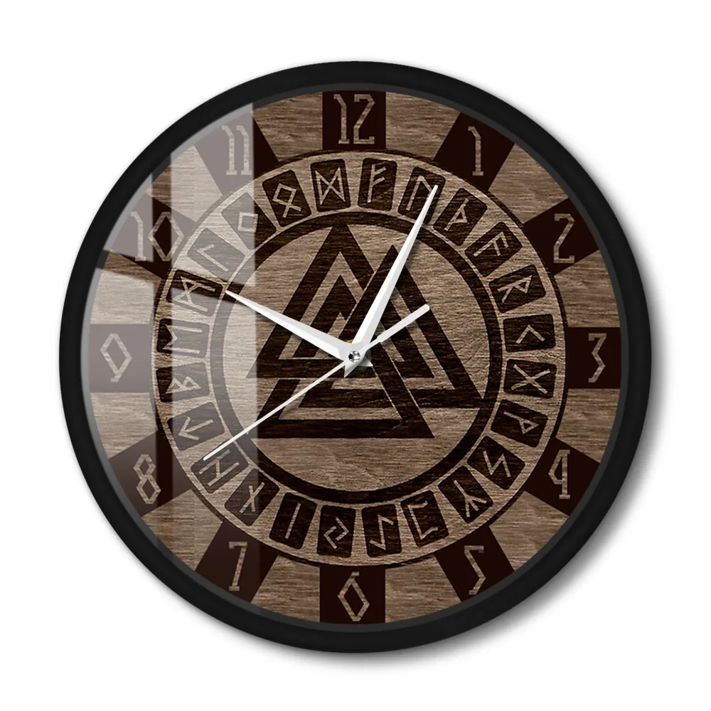 Nordic Valknut Symbol and Runes Modern Design Wall Clock Celtic Pattern Amulet Home Decor Watch Viking Artwork Print Wall Clock