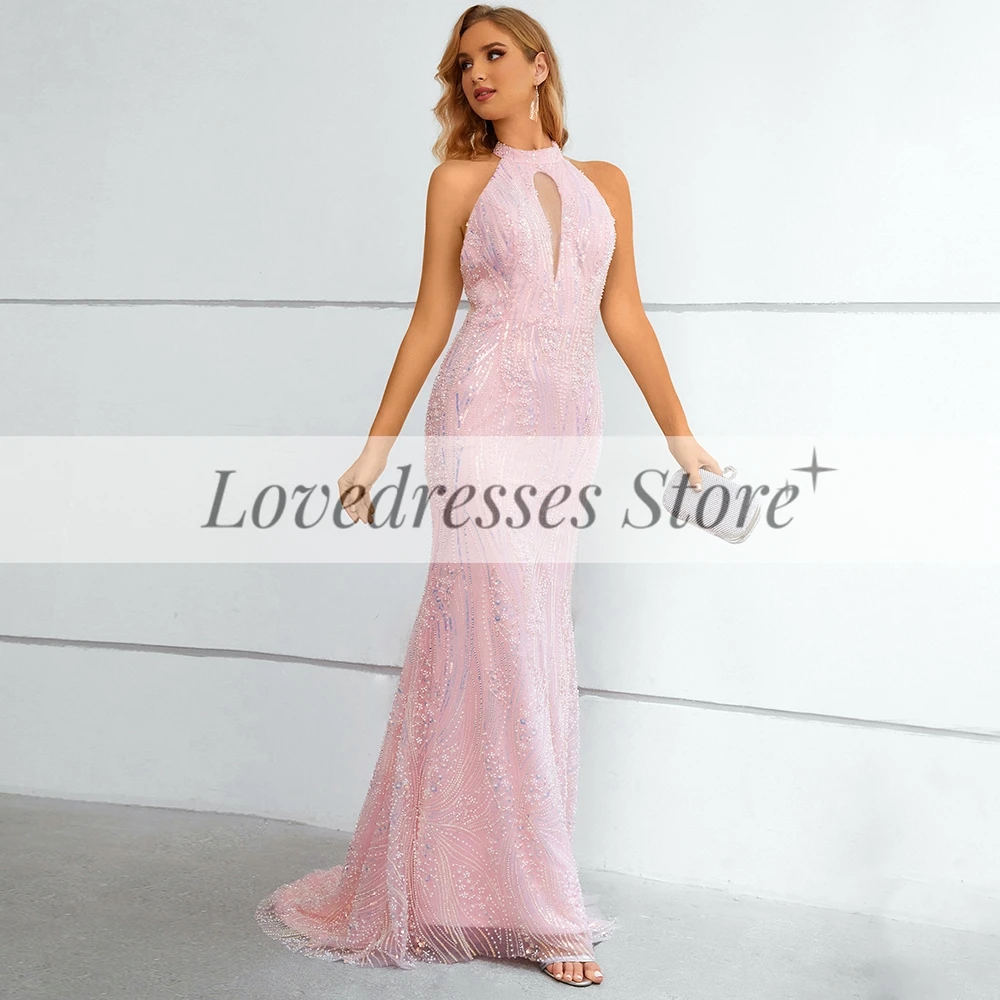 Customized Exquisite Pink Mermiad Backless Evening Party Dress with Beading Sequins Floor Length Sleeveless Lace Prom Gowns Robe