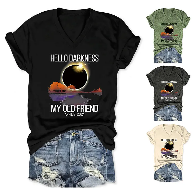 

Summer new V-neck fashion T-shirt hello darkness my old friend print loose casual short-sleeved top women's all-match pullover