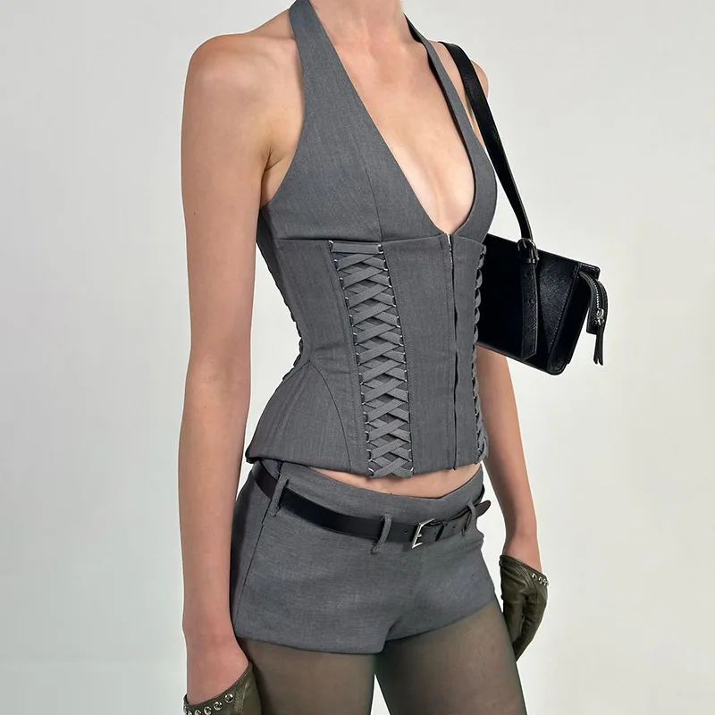 

Women's Minimalist Halter Camisole Set-Back Tie Waist-Cinching Deep V Sleeveless Cup Pad High-End Slim-Fit Elegant Casual Daily