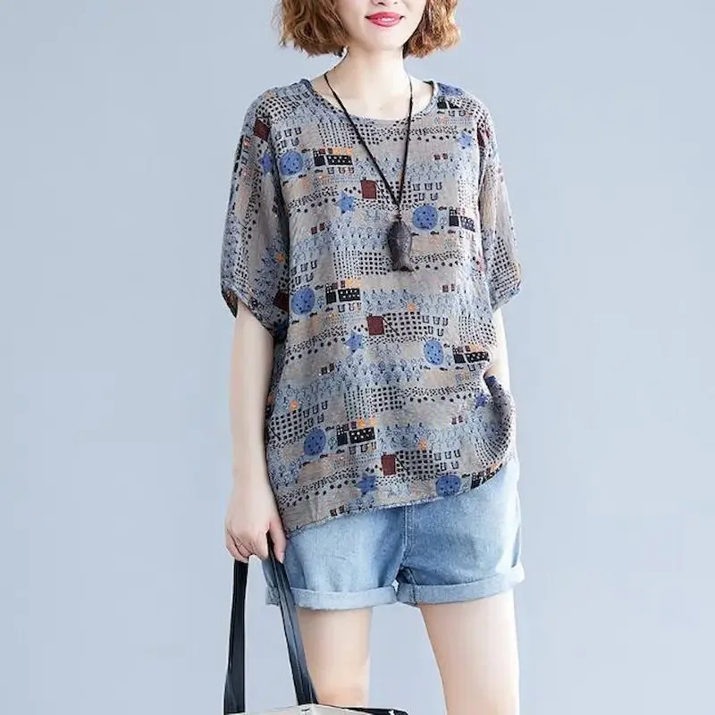 

Хлопковые и льняные футболки, женские модные свободные футболки с художественным дизайном, повседневная блузка большого размера с коротким рукавом, летняя трендовая тонкая футболка