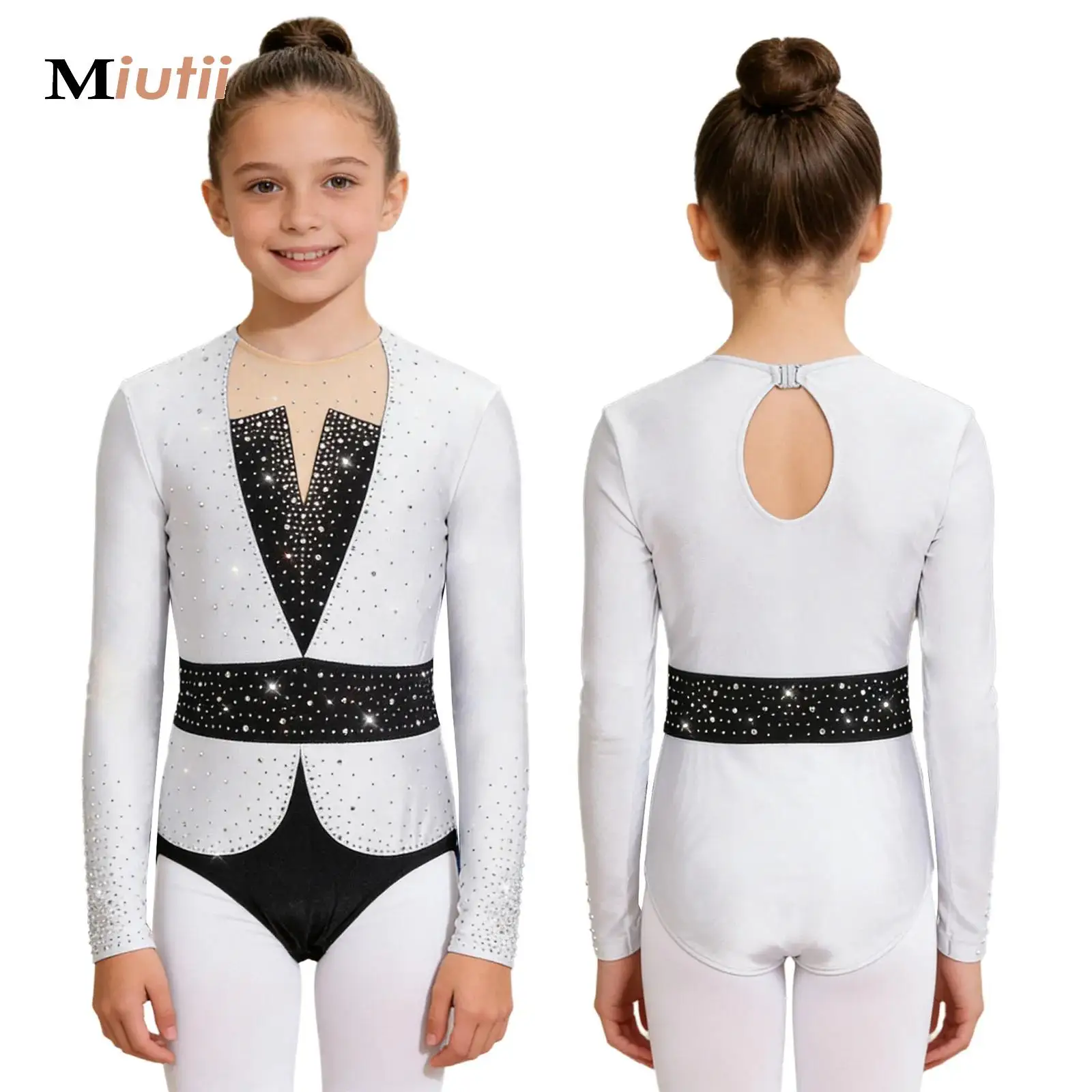 

Kids Girls Color Block Bodysuit Dancewear Rhinestone Gymnastics Leotard Long Sleeve Jumpsuit Bodysuit Ballet Figure Skating Wear