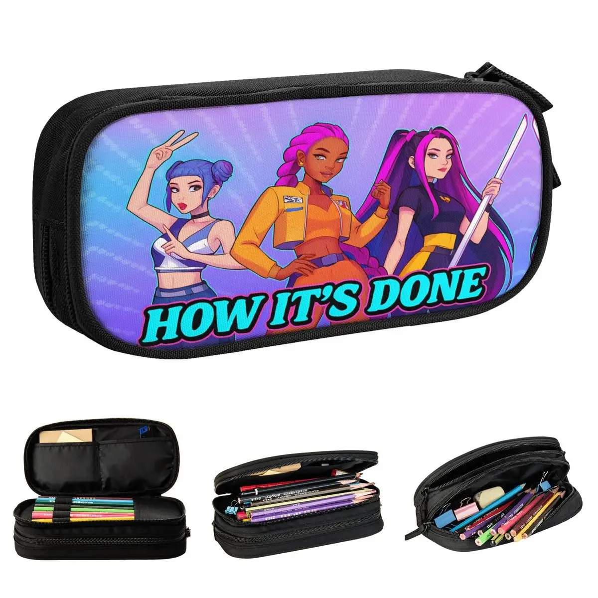 KPop 악마 사냥꾼 연필 케이스 학교로 돌아 가기 연필 케이스 지퍼 소년 소녀 멋진 대용량 연필 상자 편지지 주최자