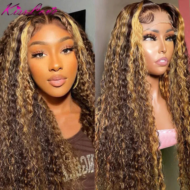 Highlight Ombre Curly Human Hair Wigs HD Transparent 13x4 Lace Front Wig Blond 32 Inch Deep Wave 13x6 Lace Front Wig for Women