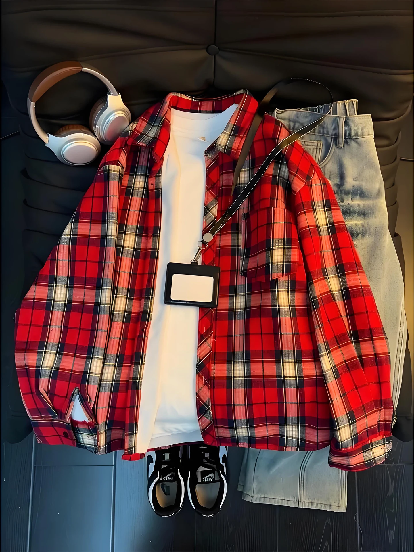 

Red Plaid Long Sve Men's irt Spring Autumn American Retro Couple Open Cardigan Casual Sle Loose Fit Outerwear