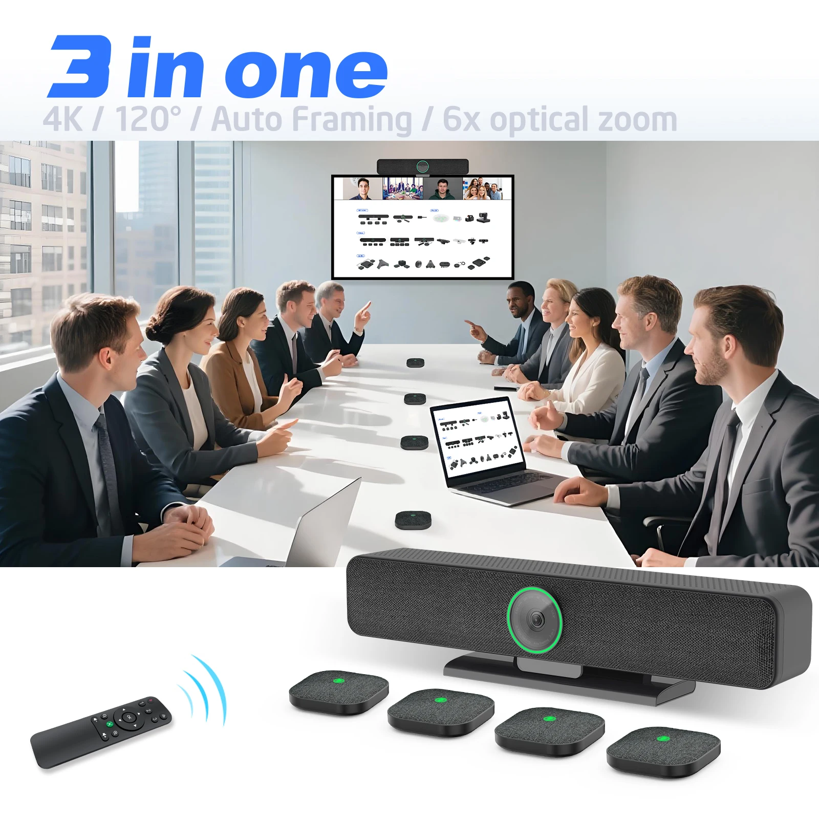 Barra de som de vídeo 4K multifuncional com rastreamento AI e microfones sem fio expansíveis