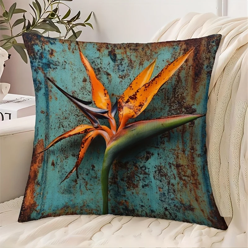 Rustic Bird of Paradise Throw Pillow Cover Vintage Industrial Style Floral Print Decorative Cushion Cover for Boho Home Decor
