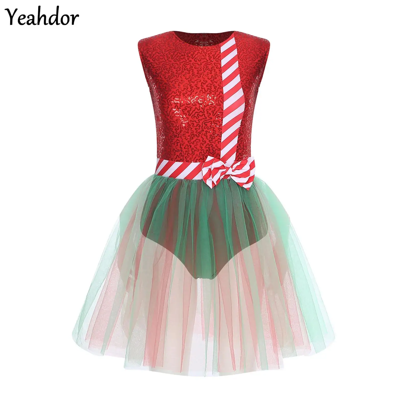 

Women Santa Claus Candy Cane Christmas Elf Costume Sparkly Sequins Bowknot Mesh Puffy Dress Skating Ballet Tutu Leotard Dress