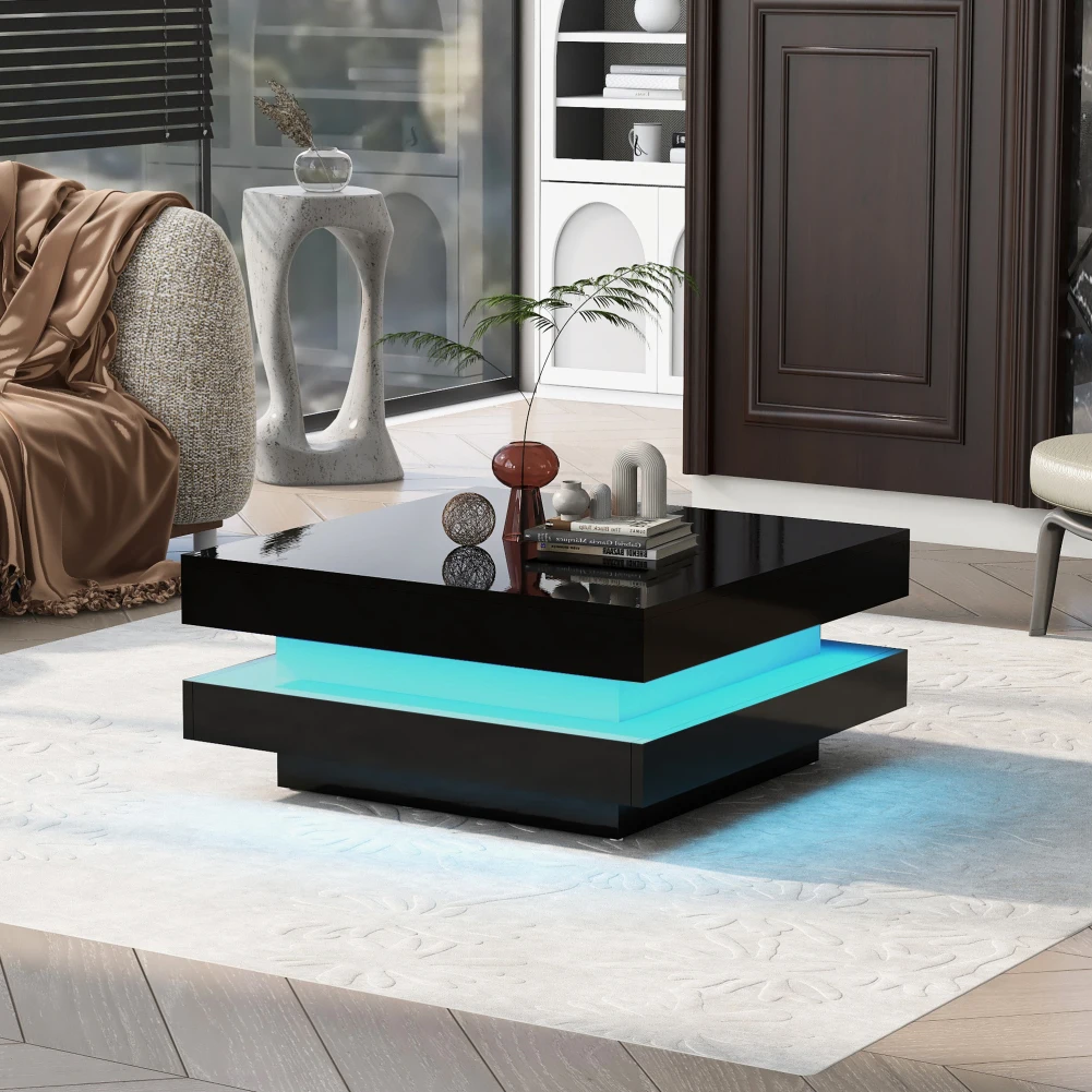 2-Tier LED Modern Coffee Table With Plug-in 16-color LED Lights High Gloss Multifunctional Cocktail Table Built-In Lighting