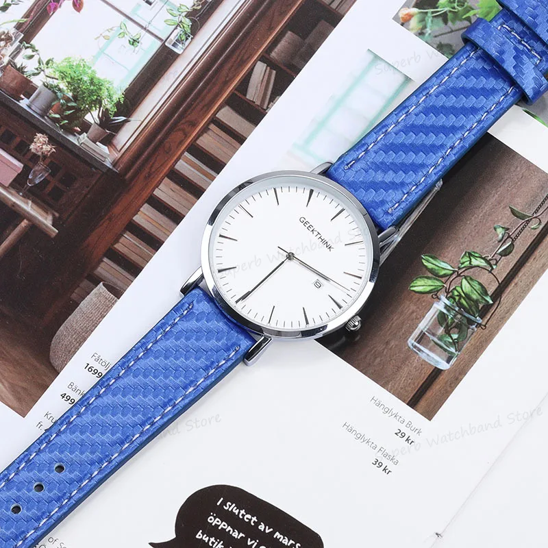 Genuine Leather Watch Band Carbon Fiber Pattern Texture Universal Soft Bracelet Watch Accessories 18mm 20mm 22mm 24mm