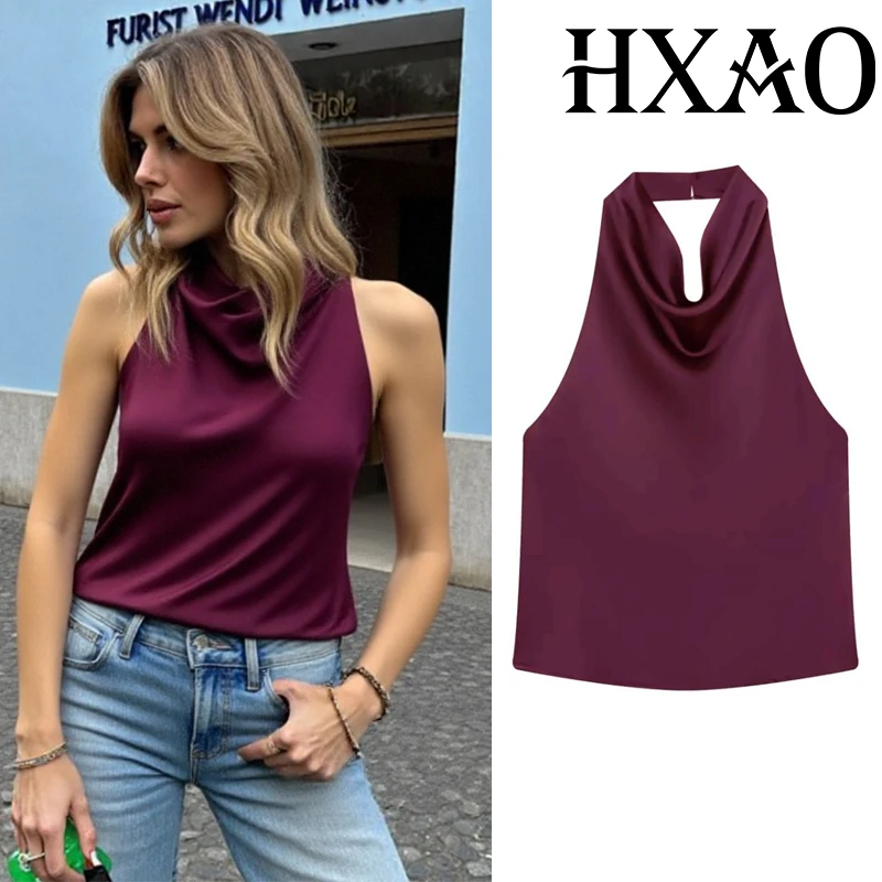 HXAO Satin Damen-Oberteile Schulterfreies Neckholder-Top Sexy Rückenfreies Schwarzes Rosa Crop-Top Damen-Trägertop Urlaubs-Weißes Party-Top