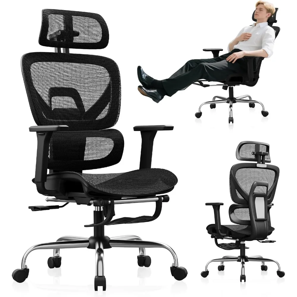 

ergonomic office chair with footrest, mesh desk chair featuring 135° recline, adjustable lumbar support, and 3d armrests & headr