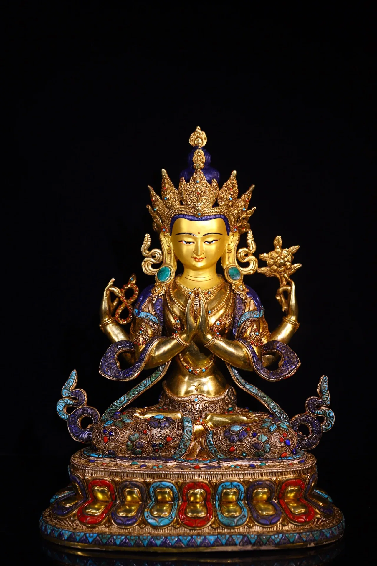 19Tibetan Temple Collection Old Bronze Outline in gold Mosaic Gem gZi Beads Turquoise lapis lazuli Four armed Guanyin Buddha