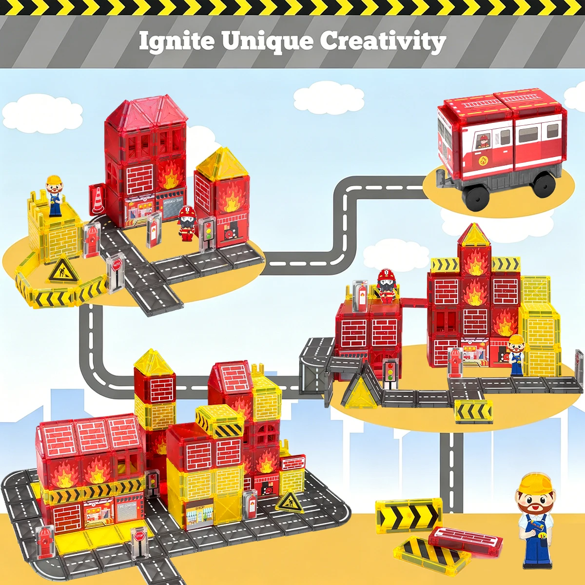 Magnetic Building Block Firefighting Theme Portable Tiles With Fire Truck & Station Montessori STEM Educational Sensory Kids Toy