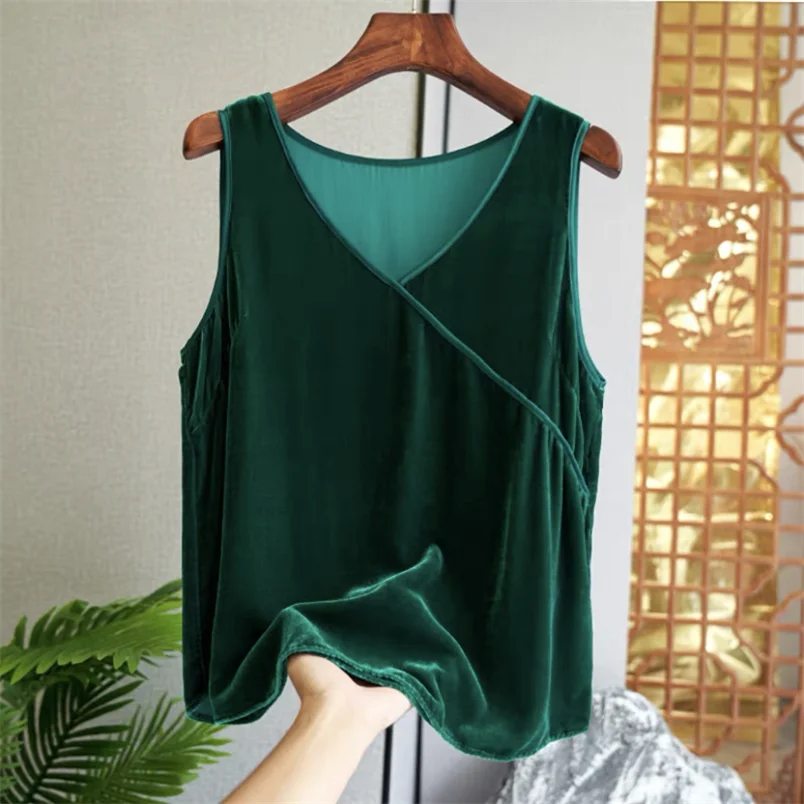V Neck Summer Basic Shirts Solid Velvet Tank Tops Femme Casual Loose Vest Women' Fashion Vintage velour Tank Top