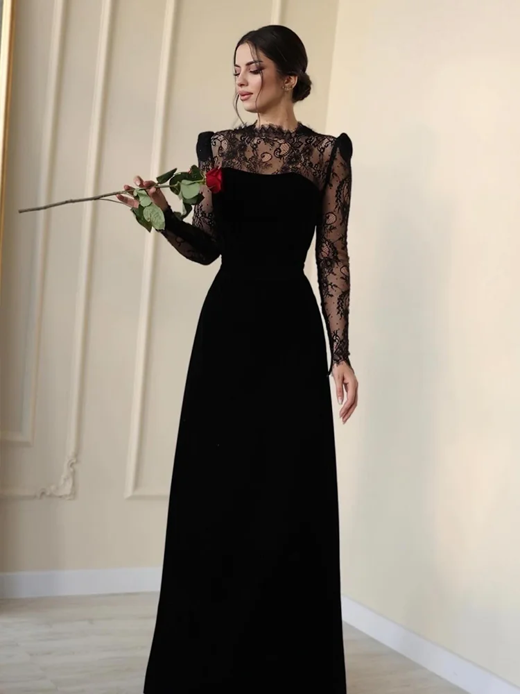 Jirocum Sexy Black Lace Prom Dress Women's High Neck Long Sleeve customized Evening Gown Floor Length Formal Occasion Dresses