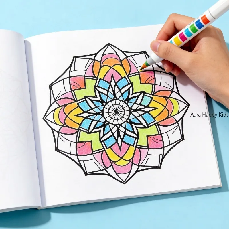 An Adult Decompression Mandala Meditation Coloring Picture Book, Colorful Symmetrical Flower Mandala Line Draft Coloring Drawing