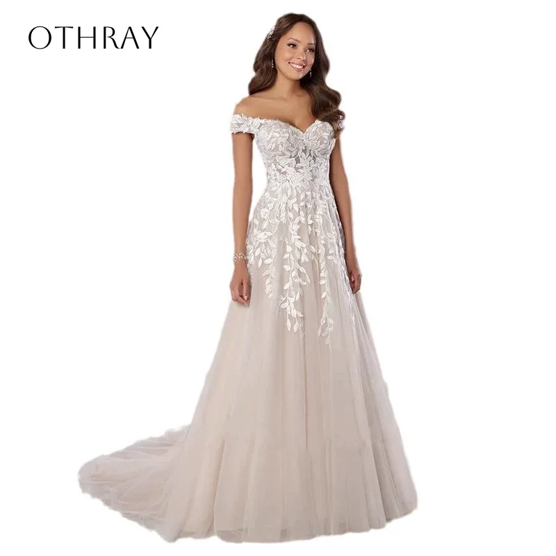 Off Shoulder Appliques A-line Bridal Wedding Gown Tulle Sweep Train Customized свадебное платье