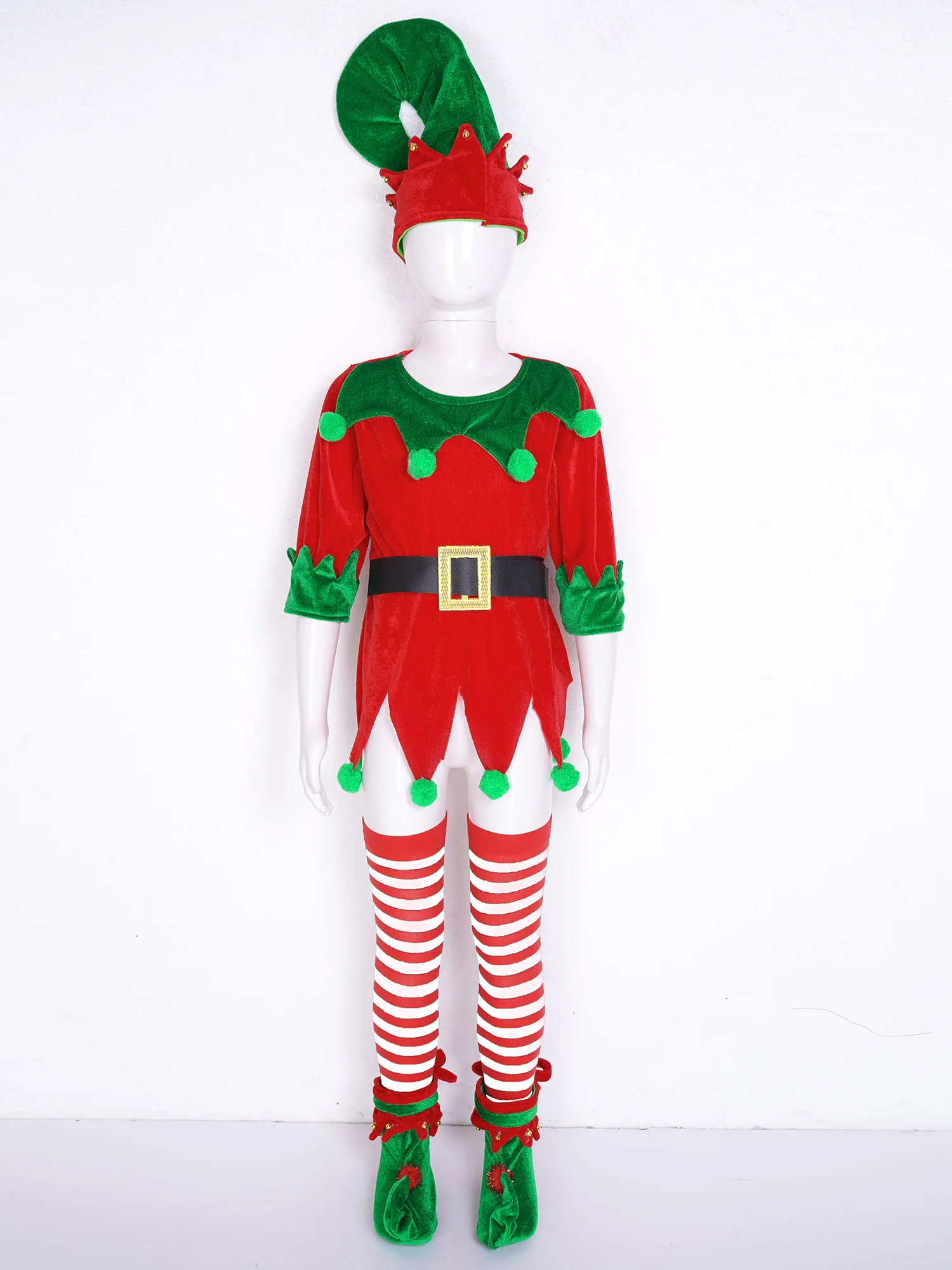 Kinder Jungen Mädchen Weihnachten Elf Kleid Up Kostüme Langarm Jagged Trim Kleid Gürtel Elf Hut Strümpfe und Schuhe Cosplay anzug