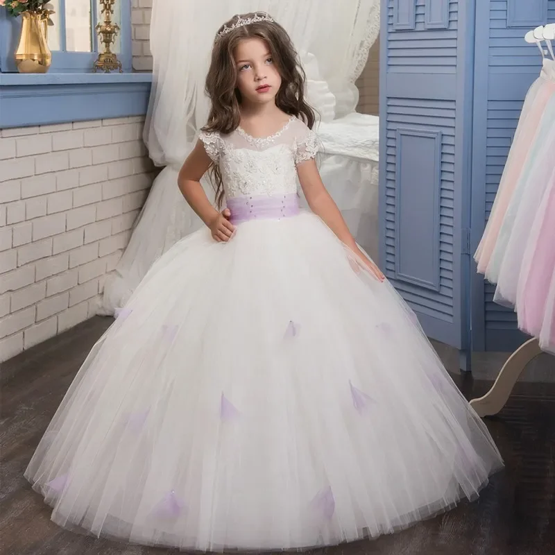 

White Fluffy Tulle Flower Girl Dress For Wedding Applique Lace Elegant Kids Birthday Party First Communion Ball Gowns