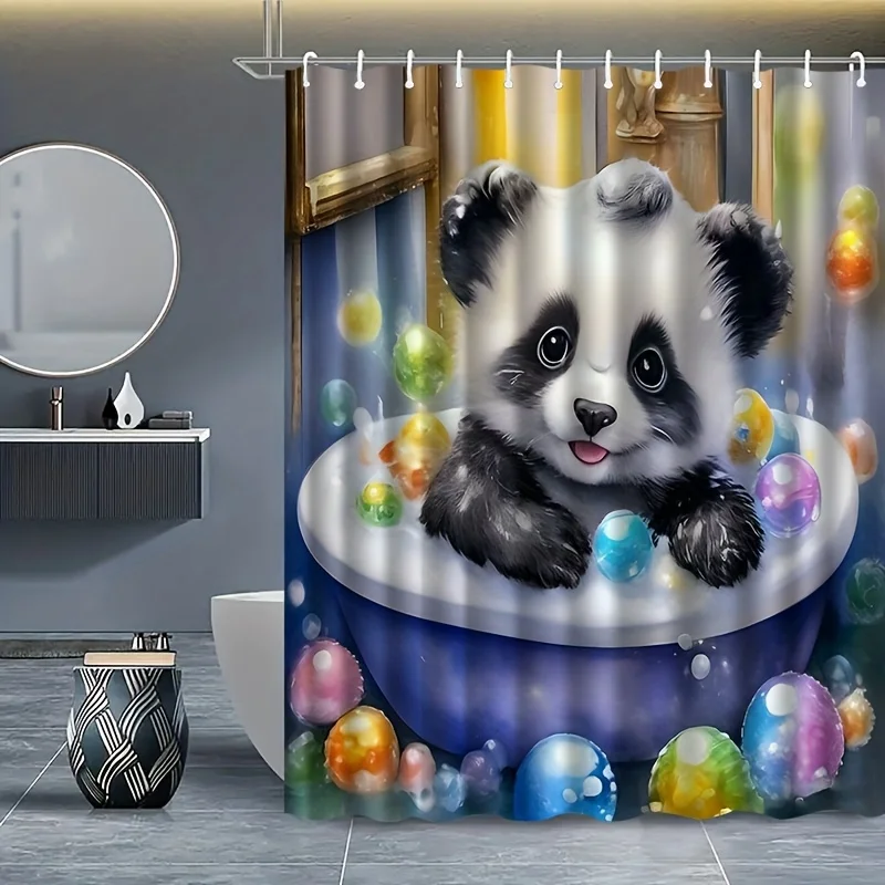 Cute Panda Shower Curtain, Cartoon Bear in Bathtub with Colorful Balls, Waterproof Kids Bathroom Decor, Animal Theme