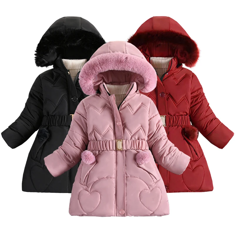 4-10 Years Fashion Girls Jacket Winter Solid Color Heart Decoration Lining Plush Warm Hooded Coat For Kids Children Outerwear