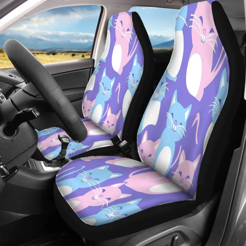 Set Of 2 Front Seat Covers Designed For Cars, Featuring An Adorable Cat Print. These Breathable Vehicle Cushions Do Not Have Bac