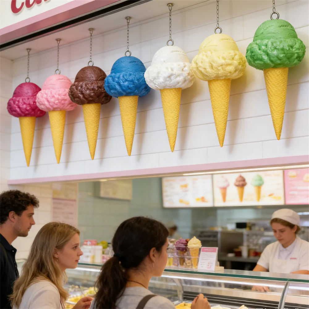 

Hang Ice Cream Mushroom Shape Model Window Lifelike Cone Big Faux Decoration Soft PU Display Wall Venchi Shop Colorful Faux Ball