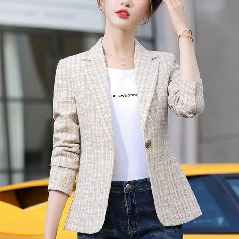 Fashion Loose Button Spliced Pockets Lattice Blazer Women\'s Clothing 2023 Autumn New Oversized Casual Tops Office Lady Blazers