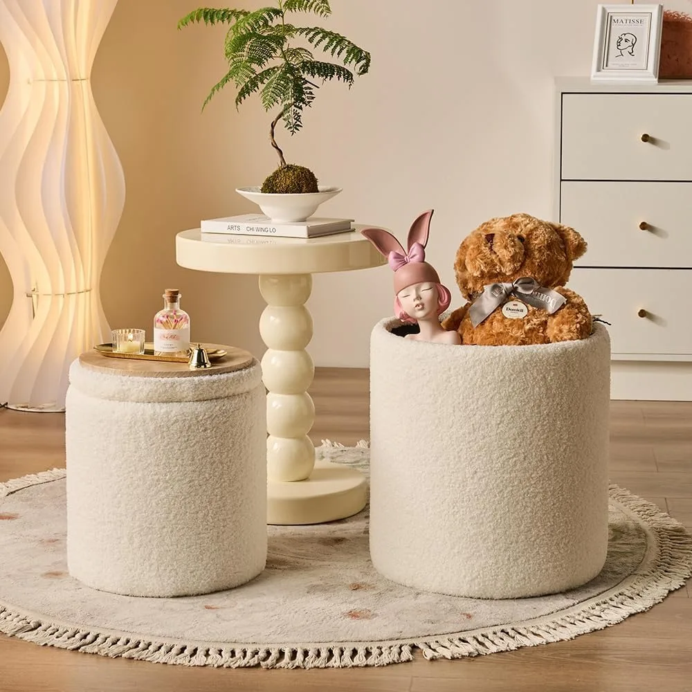 

Round Set of 2 Ottoman with Storage Sherpa Storage Ottoman Chair Makeup Vanity Stool Chair Multifunctional for Living Room, Bed