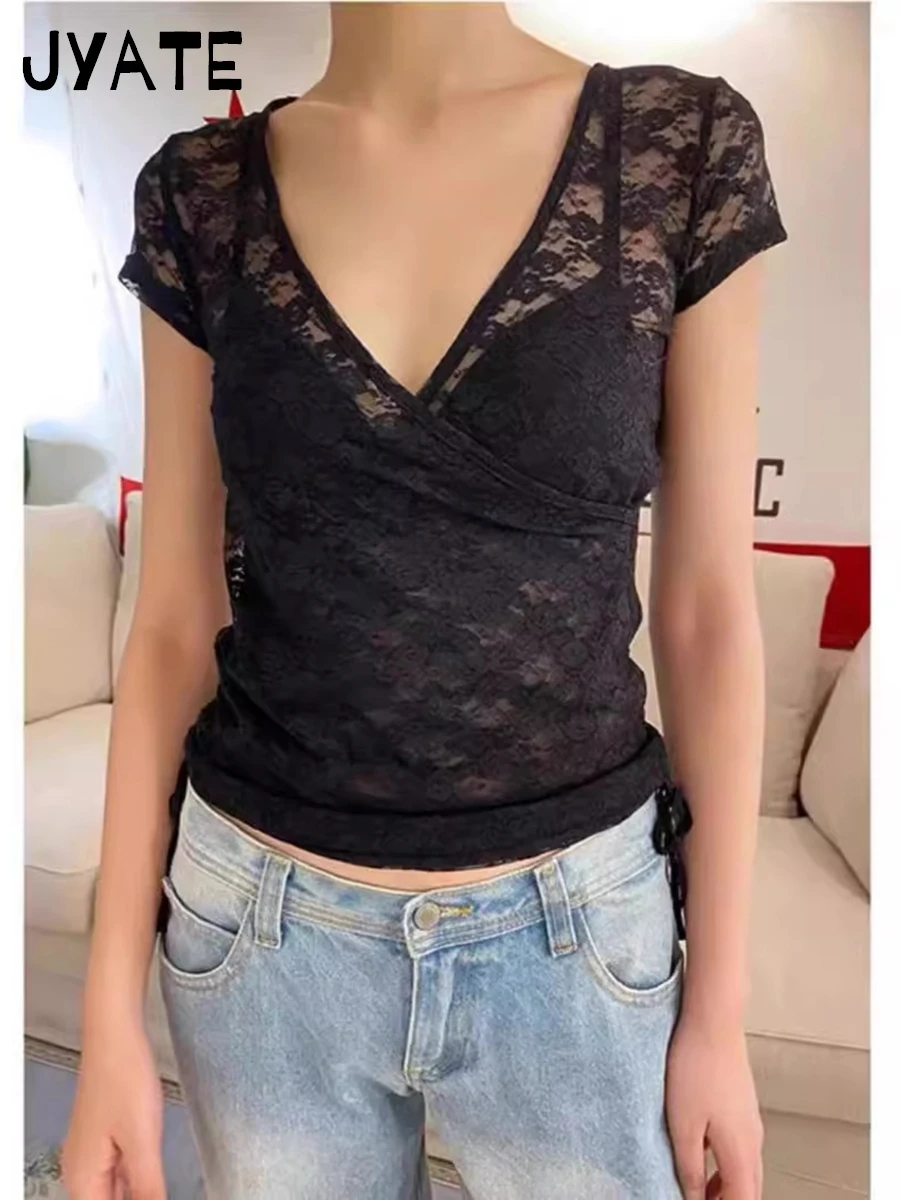 Harajuku Jacquard Transparent Crop Tops Women Summer Bow Lace Mesh V Neck Lace -up Short Sleeve Tee Sweet Slim Thin T-shirts Y2K
