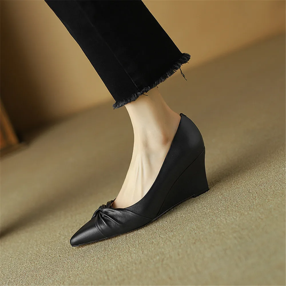 FEDONAS New Women Wedges High Heels Pumps Elegant Cow Leather Pointed Toe Basic Spring Summer Shoes Woman Office Pumps