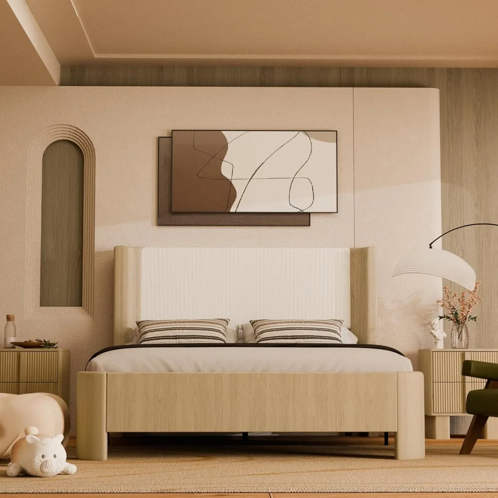 Cama de plataforma mejorada con iluminación LED integrada, cabecero con respaldo, Base de soporte de 9 puntos, marco de cama tapizado