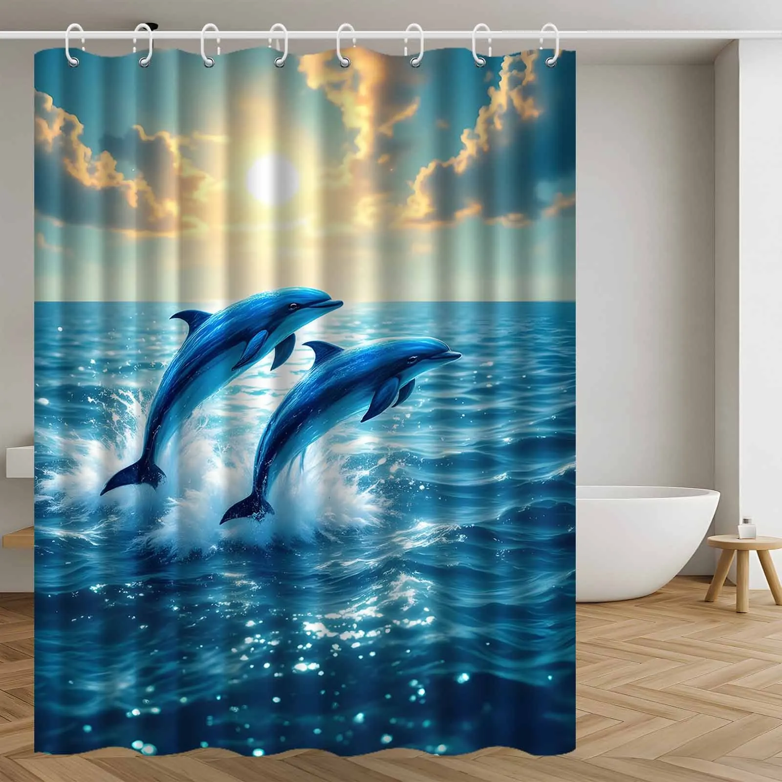 

Шторка для душа «Дельфини океан» с изображением заката, морская природа, декор для ванной, морские животные, природная сцена, современный интерьер для дома
