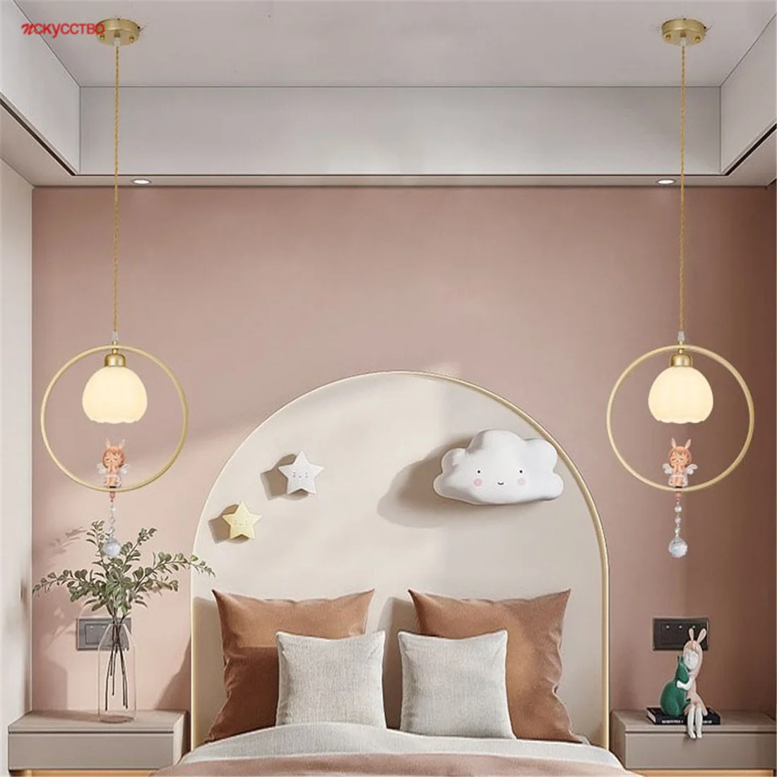 Cartoon Angel Gold Ring Glass Led Pendant Lights Princess Bedroom Dining Table Cottagecore Decor Hanging Lamp Luster Fixtures