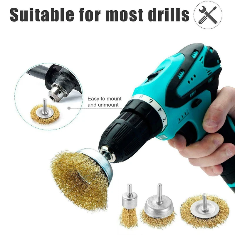 9Pcs Wire Brush Wheel Cup Brush Set Brush Drill Attachment Bit Kit Brass Coated Wire Cleaning Wheel Cup Tools