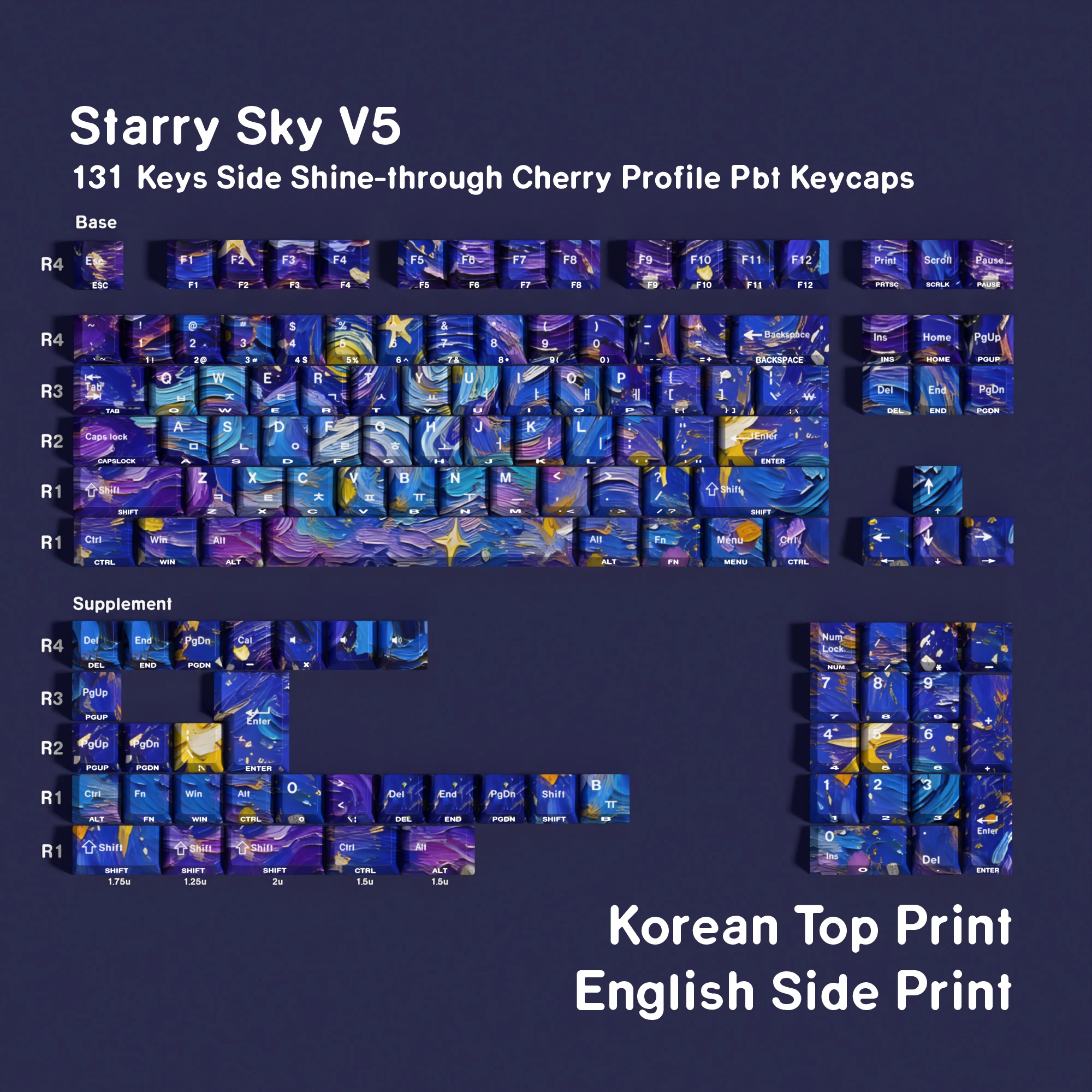 Starry SkyV5 Dye-Sub Cherry Profile Keycaps Dubbele Print 131 Toetsen Hebreeuws DE FR KR RU ES Compatibel ISO Layout voor Mechanische Toetsenborden