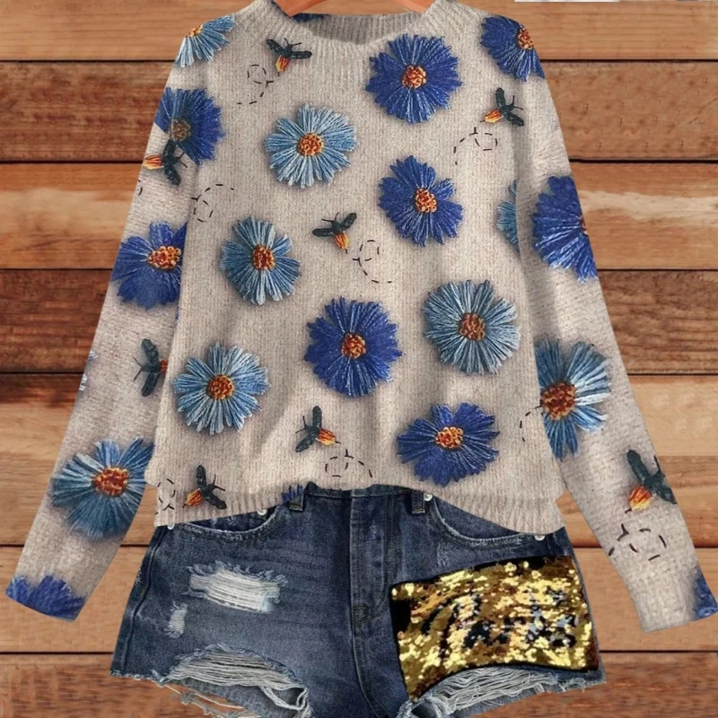 

Уменьшающий возраст вязаный свитер с принтом, новый европейский повседневный универсальный тонкий свитер для женщин