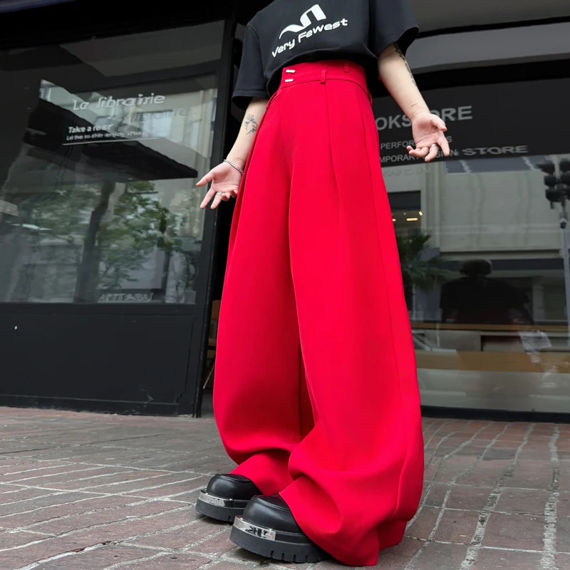 

Big Red Wide Leg Pants Men Women Singer Nightclub Stage Performance Clothing Long Pants Fashionable Urban Loose Fit Casual Tr...