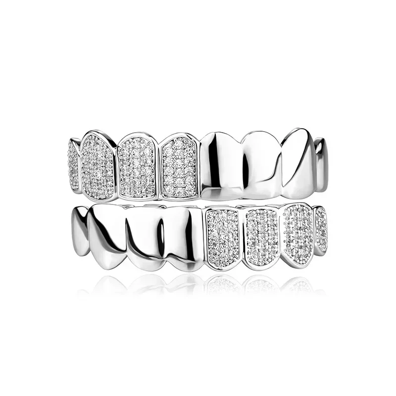 

Bling Iced out Cubic Zircon Hip Hop Half CZ Teeth Grillz Caps Micro Pave Top Bottom Charm Grills Set for Men Women Jewelry Gift